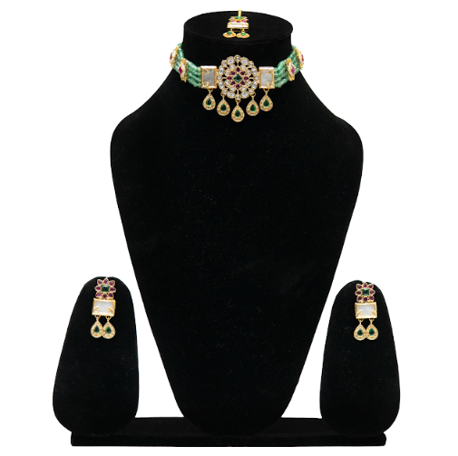 Emerald Kundan Beaded Choker Set with Earrings
